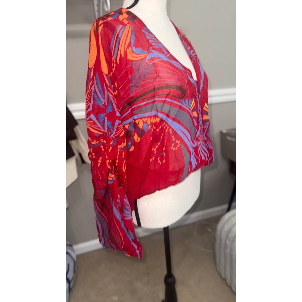 Free People Boho Abstract Print Kimono Crop Top Red  Wide Sleeve  Blouse S - Picture 6 of 6